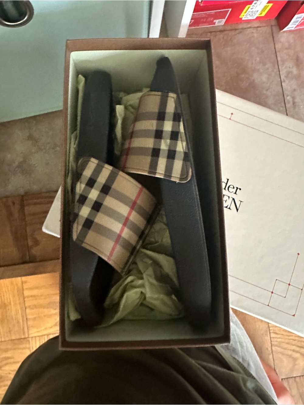 Burberry Black Slides with Beige Iconic Check Strap